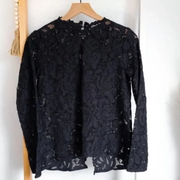 Alexis Anguilla Sheer Lace Scallop Blouse Top Split Open Back Black XS - Picture 2 of 2